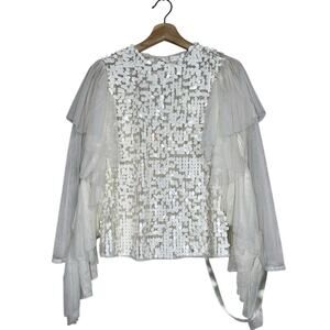 Title: Vita Grace White Sequin Tulle Ruffle Sleeve Top Bridal Party Blouse